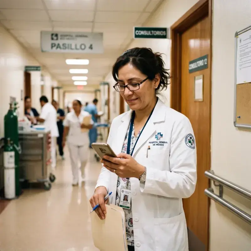 Médica revisa sus puntos curriculares en el celular entre consultas