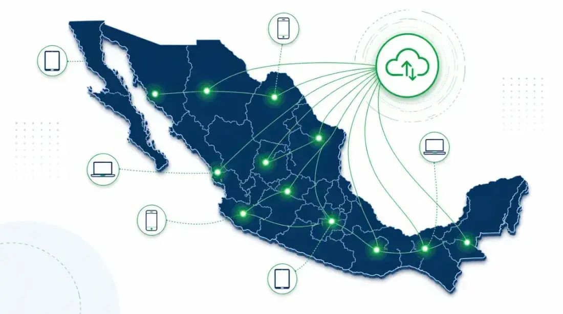 Infraestructura edge: mapa de México con nodos que conectan hospitales con la nube para acceso instantáneo