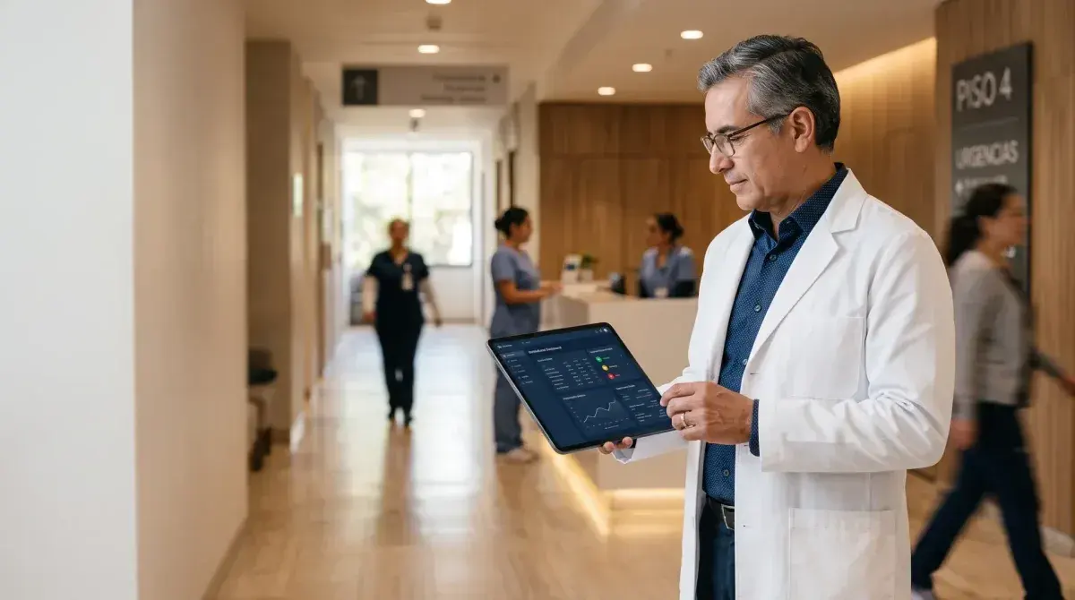 Médico especialista revisa el dashboard de su colegio en una tablet en el pasillo de un hospital