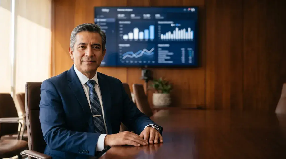 Presidente de colegio en una sala de juntas, con el dashboard del sistema al fondo