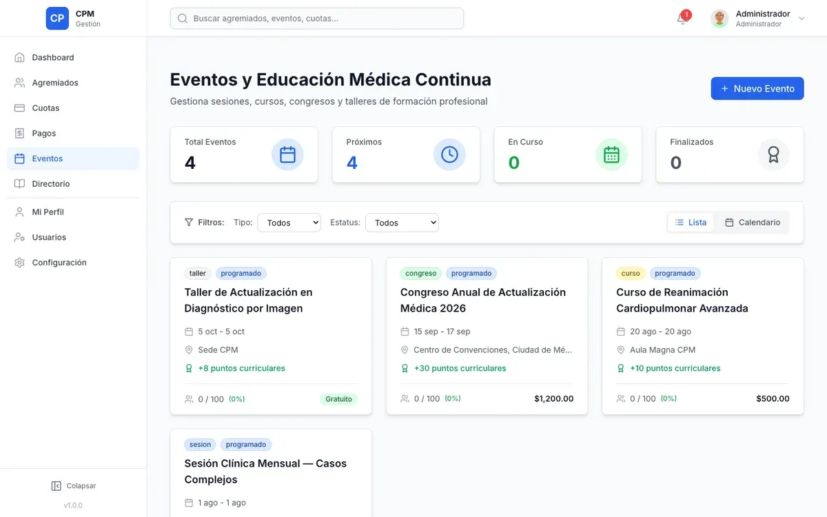 Módulo de eventos en Gestión Colegios: talleres, cursos y congresos con puntos curriculares, cupo y estado